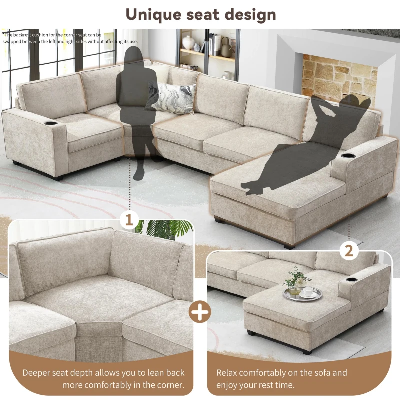 Plush Chenille U-Shaped Sectional Sofa with Cup Holders, Large Deep Seat Couch for Apartment, 117.5'' L x 68'' W x 31'' H, Beige