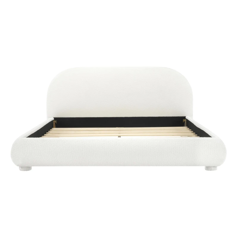 Modern Upholstered Queen Bed Frame with Curved Headboard, Soft Bouclé Platform Bed for Bedroom, 87'' L x 68.5'' W x 33.5'' H, Creamy White