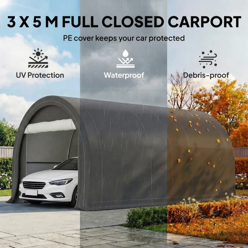 Outsunny 10' x 16' Carport, Heavy Duty Portable Garage Storage Tent with Large Zippered Door, Anti-UV PE Canopy Cover, Gray