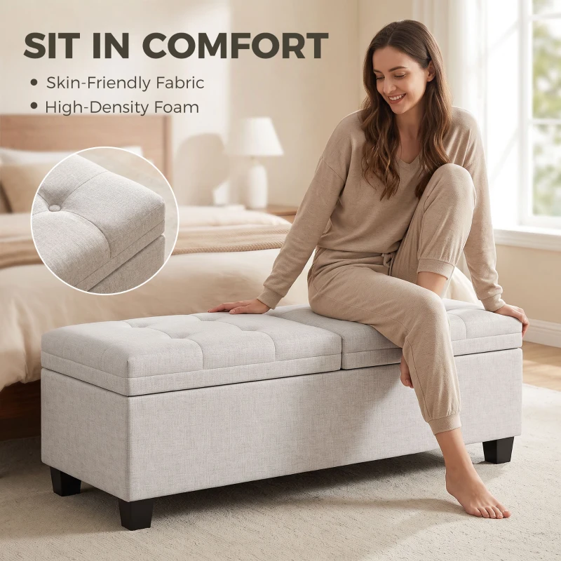 HOMCOM 51.2" Storage Ottoman Bench, End of Bed Bench with 2 Compartments, Dual Lift Lids, Cream White