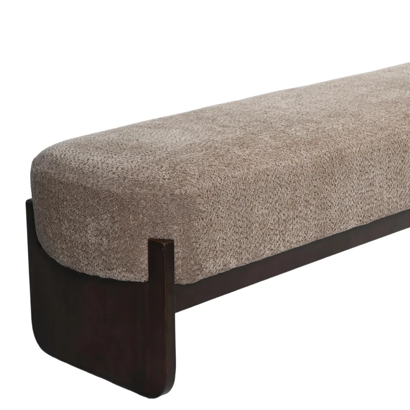 Elegant Bouclé Ottoman Bench with Dark Rubberwood Legs, Soft Rectangular Footrest for Living Room, 64'' L x 18.5'' W x 18.5'' H, Brown
