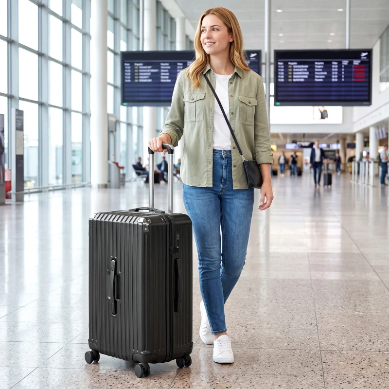 HOMCOM 24-Inch Checked Luggage, Hardside Suitcase with Cup Holder, Corner Protection, Double Spinner Wheels, TSA Lock, Black