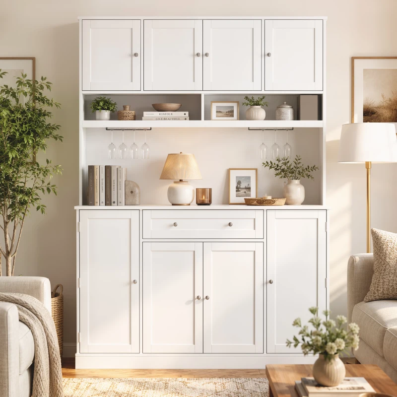 HOMCOM 73" Pantry Cabinet with Charging Station, 55" Wide Kitchen Pantry with Microwave Stand, White