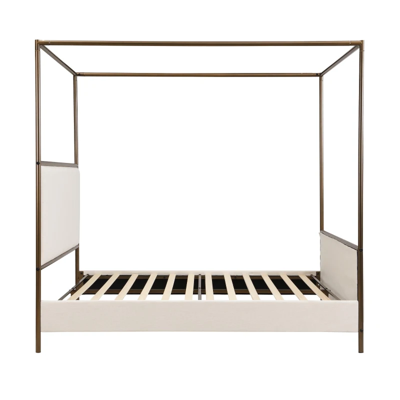 Modern 4-Poster Canopy Bed Frame with Upholstered Headboard, Steel Metal Sleeper Bed for Bedroom, 83.5'' L x 63'' W x 78.5'' H, Beige+Bronze