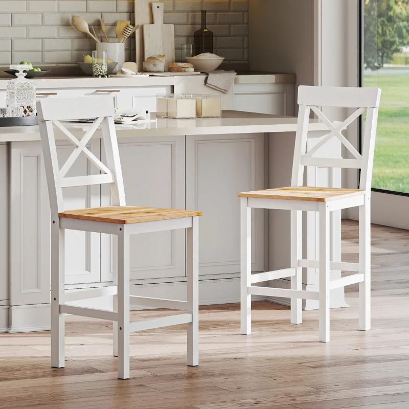 HOMCOM Counter Height Stools Set of 2, Farmhouse Bar Stools with Backs, Solid Wood Counter Stools for Kitchen Island