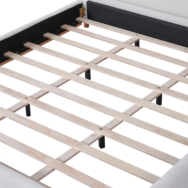 Modern Low-Profile King Bed Frame with Curved Headboard, Soft Bouclé Sleeper Bed for Bedroom, 87'' L x 81.5'' W x 40'' H, White