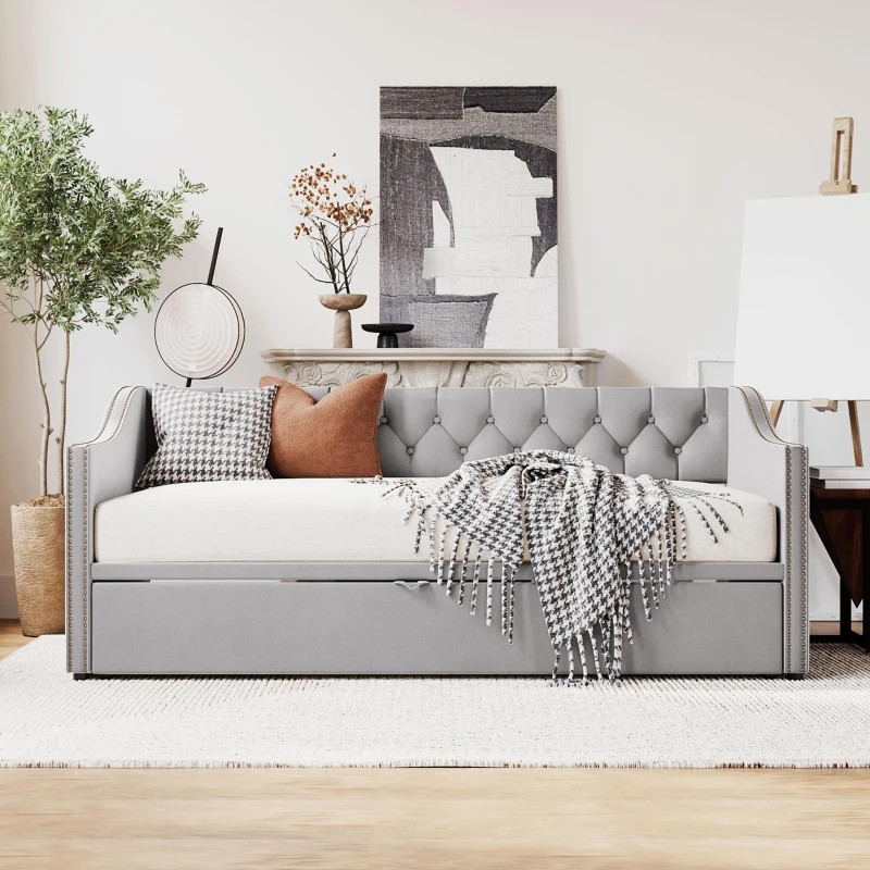 Practical Twin Upholstered Daybed with Pop-Up Trundle, Perfect Sofa Bed for Guest Rooms and Kids Rooms, 82" L x 81.5" W x 33" H, Gray
