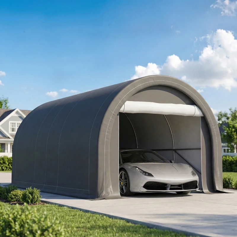 Outsunny 10' x 16' Carport, Heavy Duty Portable Garage Storage Tent with Large Zippered Door, Anti-UV PE Canopy Cover, Gray