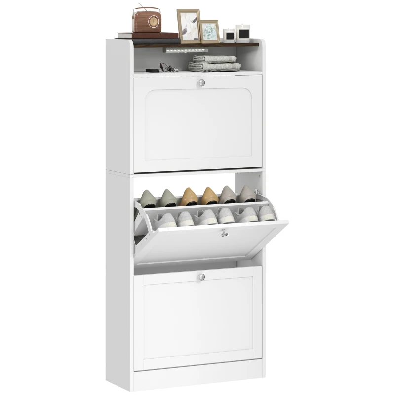 HOMCOM Shoe Cabinet with 3 Flip Drawers Slim Shoe Storage Cabinet with Sensor Light Top Shelf Home Hall White