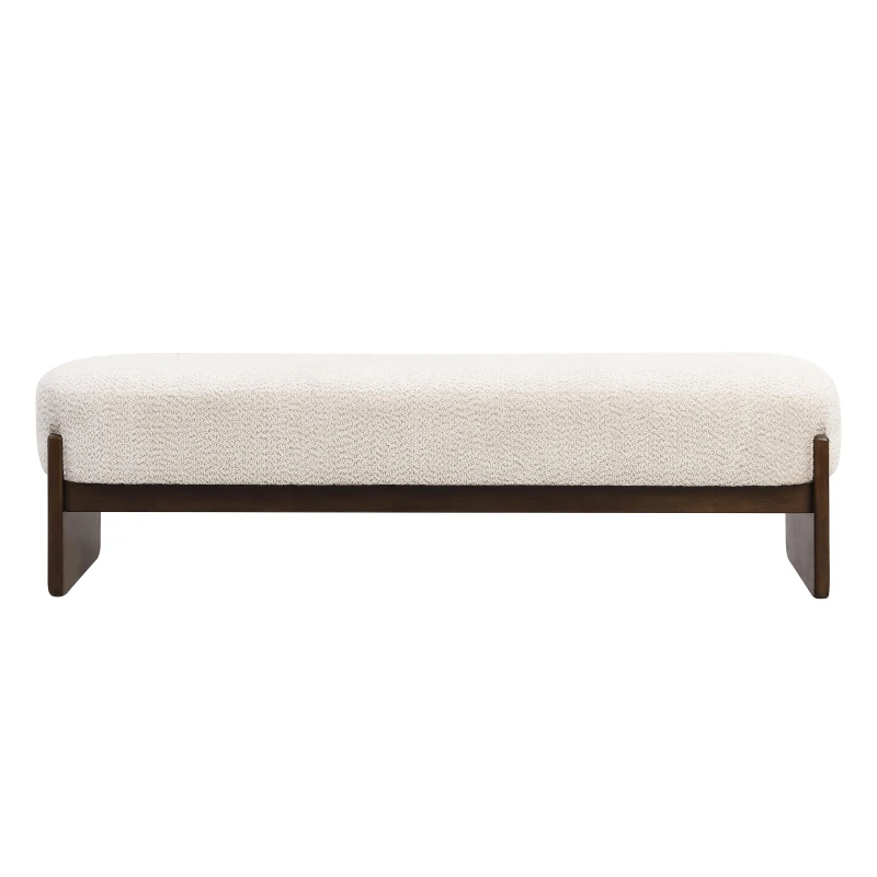Elegant Bouclé Ottoman Bench with Dark Rubberwood Legs, Soft Rectangular Footrest for Living Room, 64'' L x 18.5'' W x 18.5'' H, Beige+Brown