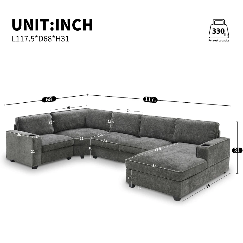 Plush Chenille U-Shaped Sectional Sofa with Cup Holders, Large Deep Seat Couch for Apartment, 117.5'' L x 68'' W x 31'' H, Gray