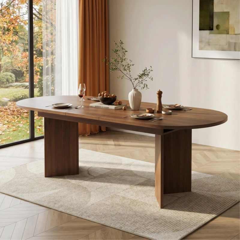 Modern Extendable Oval Dining Table with Dual-Pedestal Base, Expandable Wood Grain Kitchen Table for Kitchen, 79'' L x 35.5'' W x 29.5'' H, Walnut