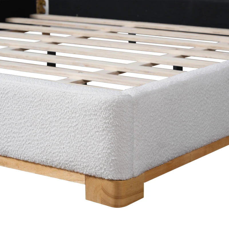 Modern Low-Profile King Bed Frame with Curved Headboard, Soft Bouclé Sleeper Bed for Bedroom, 87'' L x 81.5'' W x 40'' H, White