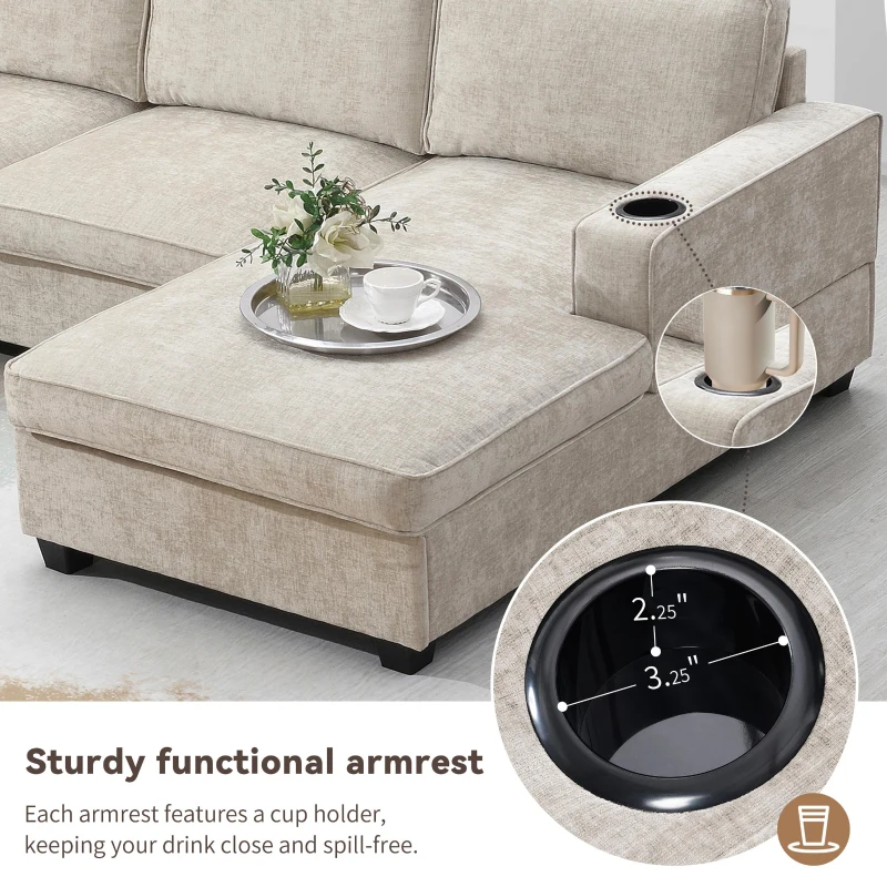 Plush Chenille U-Shaped Sectional Sofa with Cup Holders, Large Deep Seat Couch for Apartment, 117.5'' L x 68'' W x 31'' H, Beige