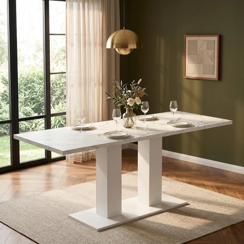 Modern Marble Effect Dining Table with Dual-Pedestal Base, Rectangular Kitchen Table for Kitchen, 71'' L x 27.5'' W x 29.5'' H, White Marble