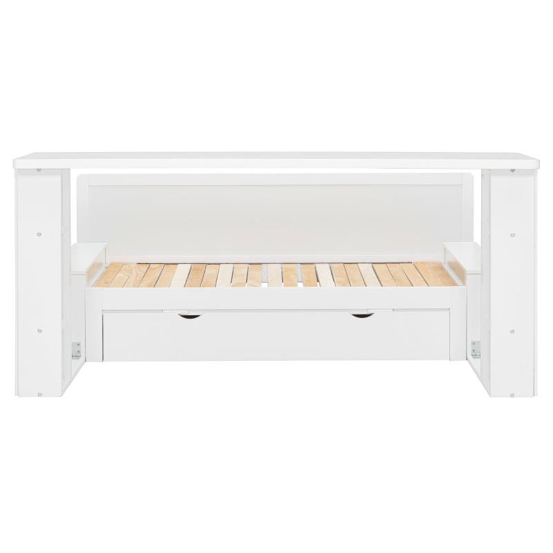 Modern Daybed with Removable Desk and Bottom Drawer, Multi-Functional Sofa Bed for Compact Apartments, 76.5" L x 65.5" W x 25.5" H, White