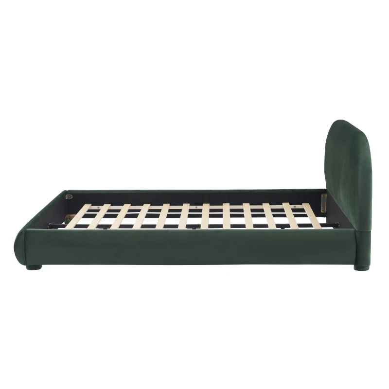 Luxury Upholstered Queen Bed Frame with Curved Headboard, Soft Velvet Sleeper Bed for Bedroom, 87'' L x 68.5'' W x 33.5'' H, Dark Green