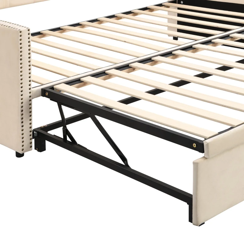 Practical Twin Upholstered Daybed with Pop-Up Trundle, Perfect Sofa Bed for Guest Rooms and Kids Rooms, 82" L x 81.5" W x 33" H, Beige