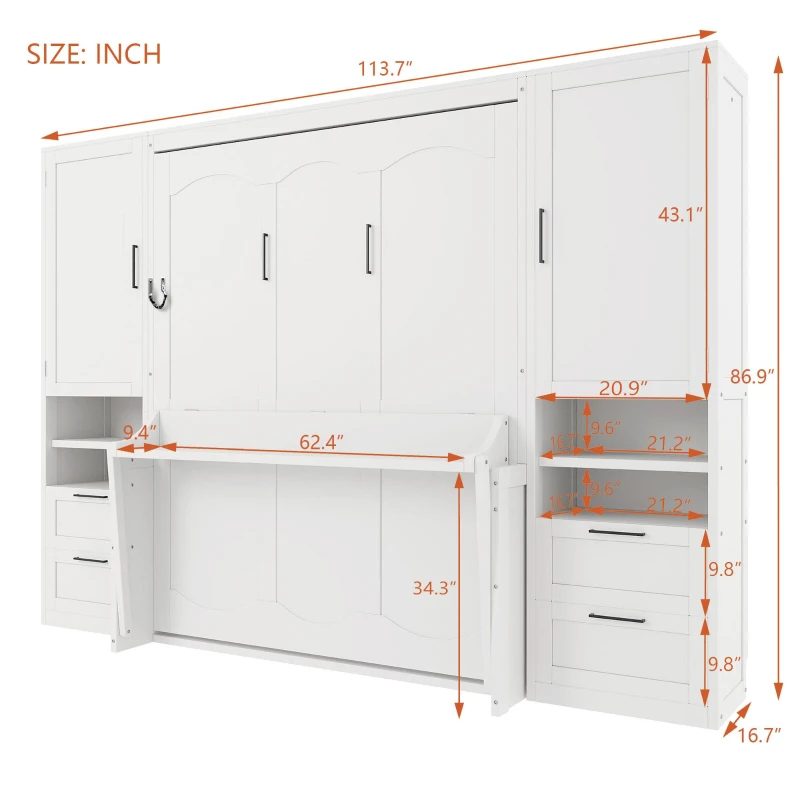 Functional Queen Murphy Bed with Side-Flip Space-Saving Design, Modern Wall Bed for Compact Bedrooms, 113.5" L x 16.5" W x 87" H, White