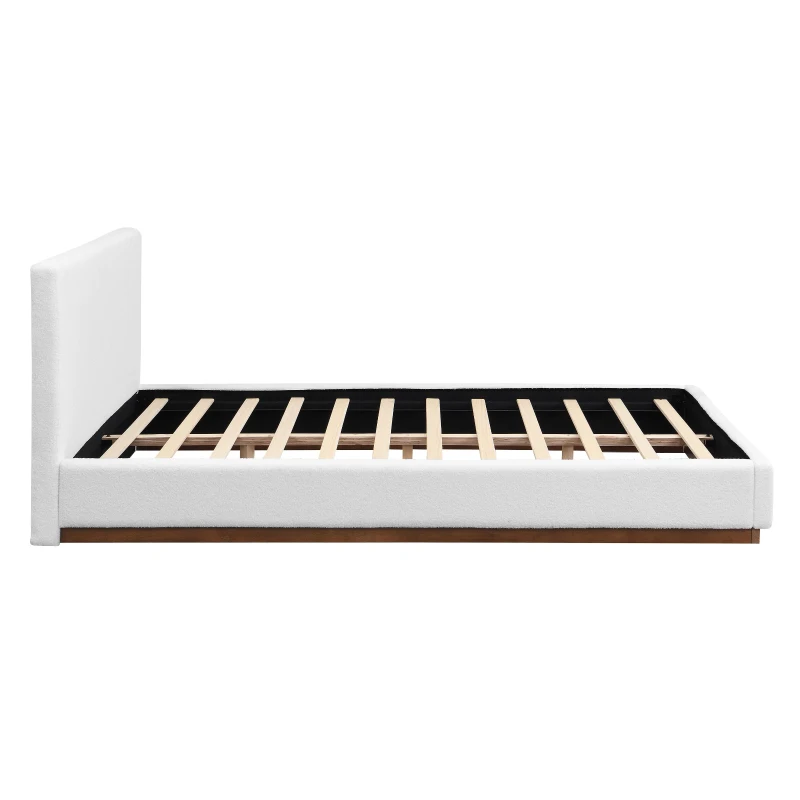 Elegant Upholstered Queen Bed Frame with Wooden Slats, Soft Teddy Fleece Platform Bed for Bedroom, 86.5'' L x 64.5'' W x 33.5'' H, Brown+White