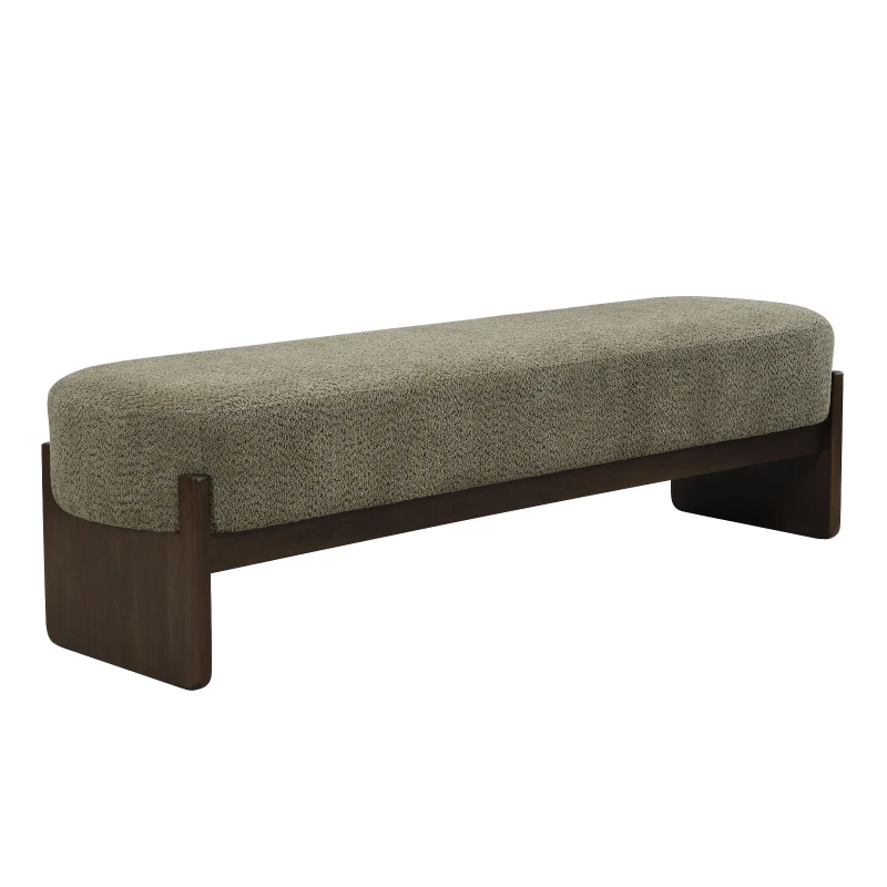 Elegant Bouclé Ottoman Bench with Dark Rubberwood Legs, Soft Rectangular Footrest for Living Room, 64'' L x 18.5'' W x 18.5'' H, Brown+Dark Green