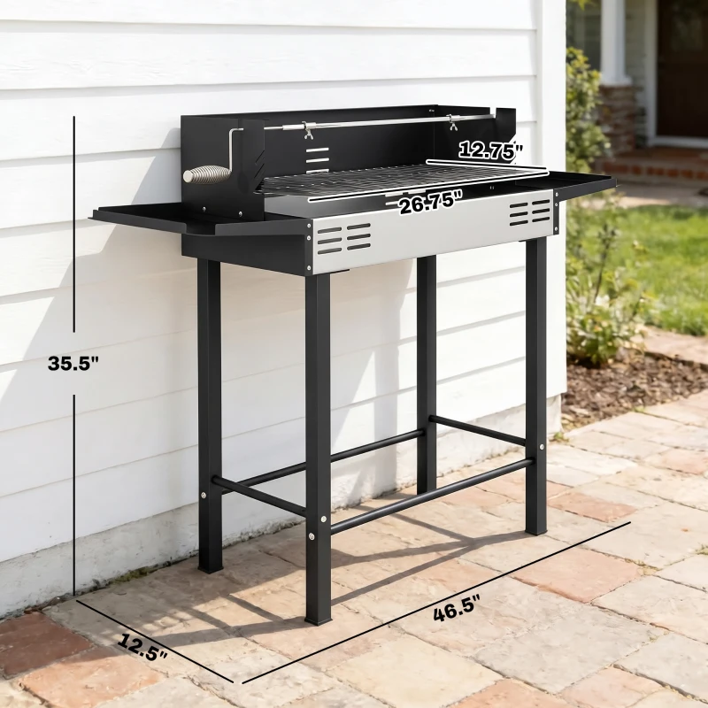 Outsunny BBQ Rotisserie Grill Charcoal, Split Roaster for Chicken Turkey, 3-Level Grill Grate, Storage Shelves, Stainless Steel