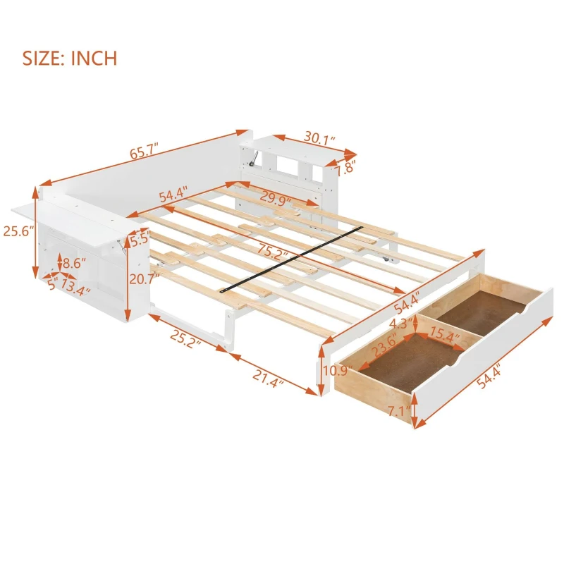 Modern Daybed with Removable Desk and Bottom Drawer, Multi-Functional Sofa Bed for Compact Apartments, 76.5" L x 65.5" W x 25.5" H, White