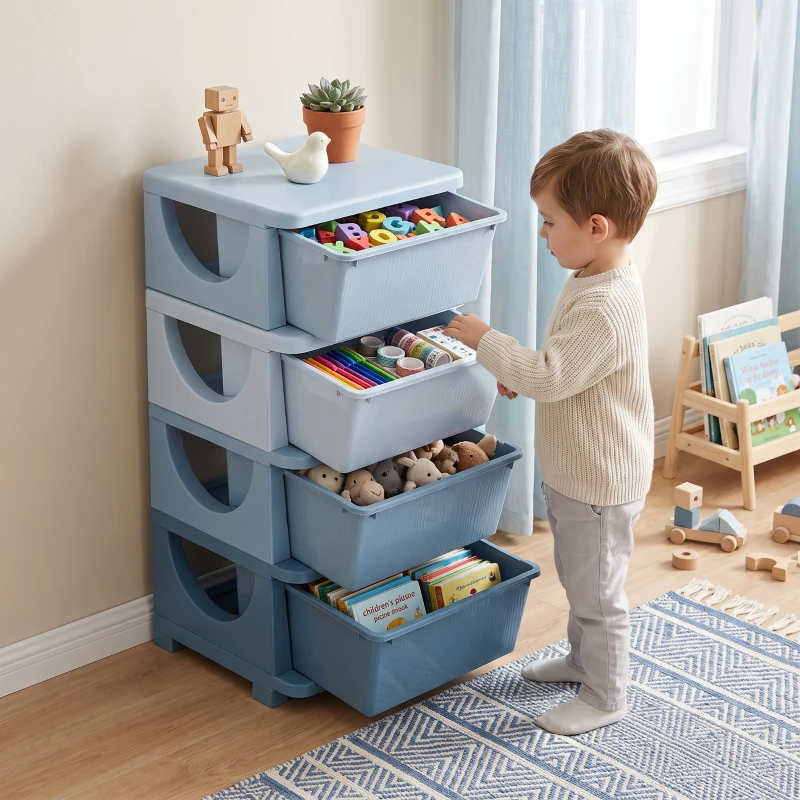 Qaba 30" 4 Tier Kids Storage Unit Dresser Tower w/ 4 Drawers, Blue