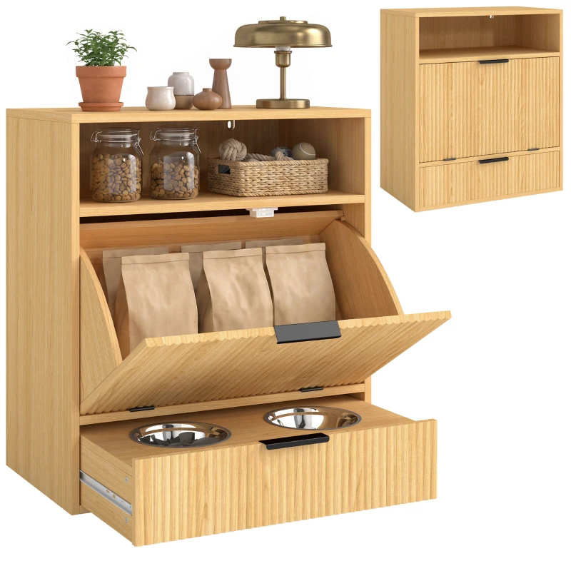 PawHut Dog Feeding Station with Storage, Hidden Pet Feeding Station with 2 Elevated Bowls, Tilt Out Storage Cabinet