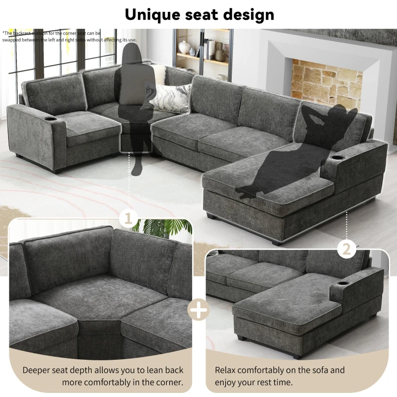 Plush Chenille U-Shaped Sectional Sofa with Cup Holders, Large Deep Seat Couch for Apartment, 117.5'' L x 68'' W x 31'' H, Gray