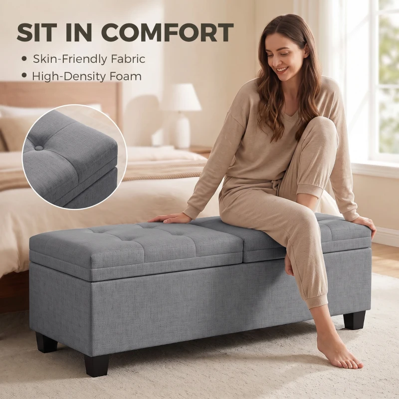 HOMCOM 51.2" Storage Ottoman Bench, End of Bed Bench with 2 Compartments, Dual Lift Lids, Dark Grey