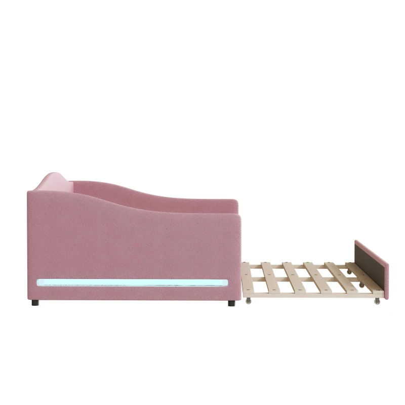 Cozy Full Size Upholstered Daybed with Twin Trundle, Ideal Sofa Bed for Overnight Guests, 79.5" L x 58.5" W x 33" H, Pink