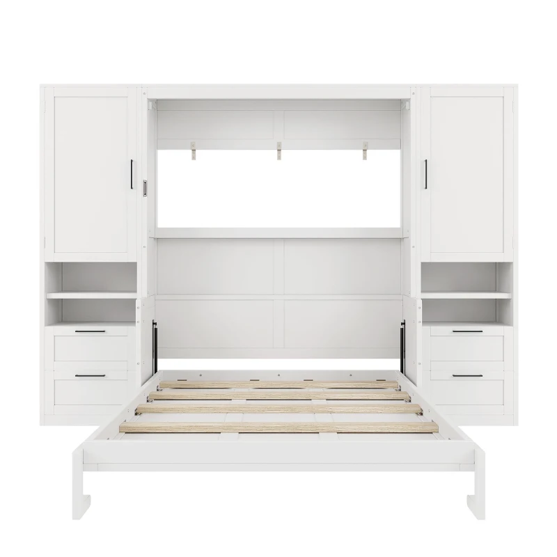 Functional Queen Murphy Bed with Side-Flip Space-Saving Design, Modern Wall Bed for Compact Bedrooms, 113.5" L x 16.5" W x 87" H, White