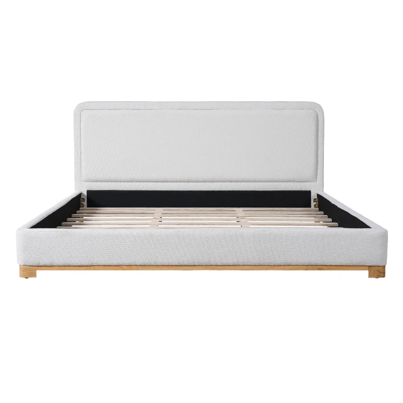 Modern Low-Profile King Bed Frame with Curved Headboard, Soft Bouclé Sleeper Bed for Bedroom, 87'' L x 81.5'' W x 40'' H, White