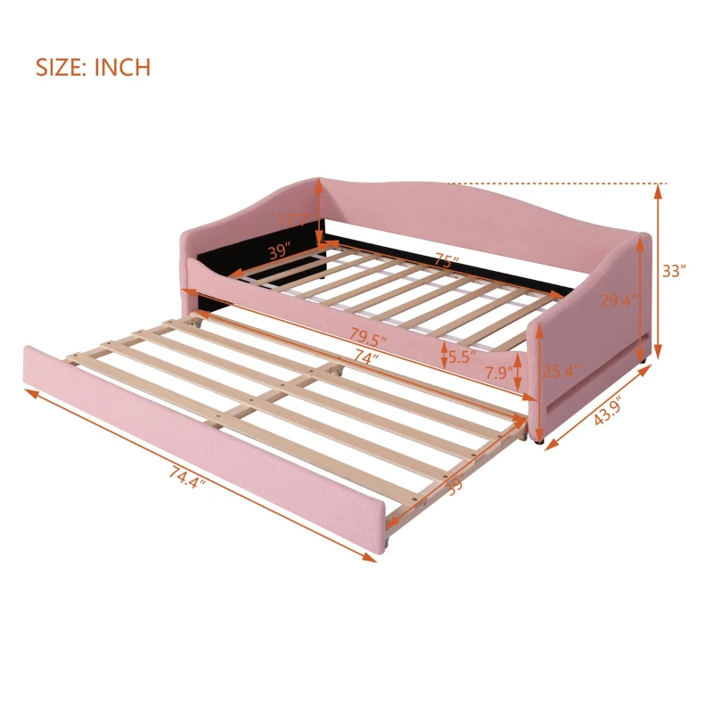 Space-Saving Upholstered Daybed with Twin Size Thurdle, Ideal Sofa Bed for Small Apartments, 79.5" L x 44" W x 33" H, Pink
