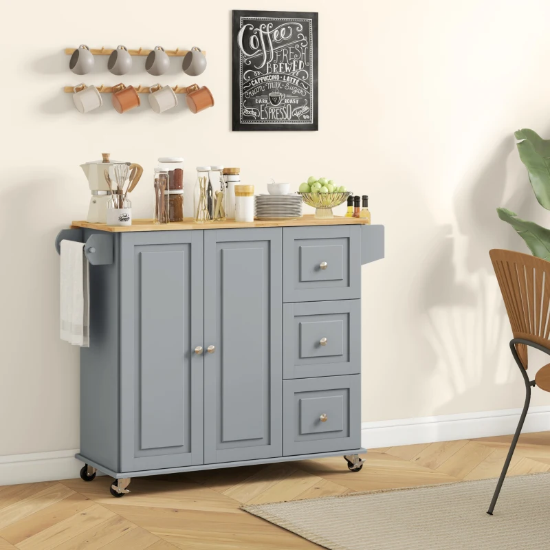HOMCOM Kitchen Island on Wheels, Kitchen Cart with Drop Leaf, Drawers, Grey