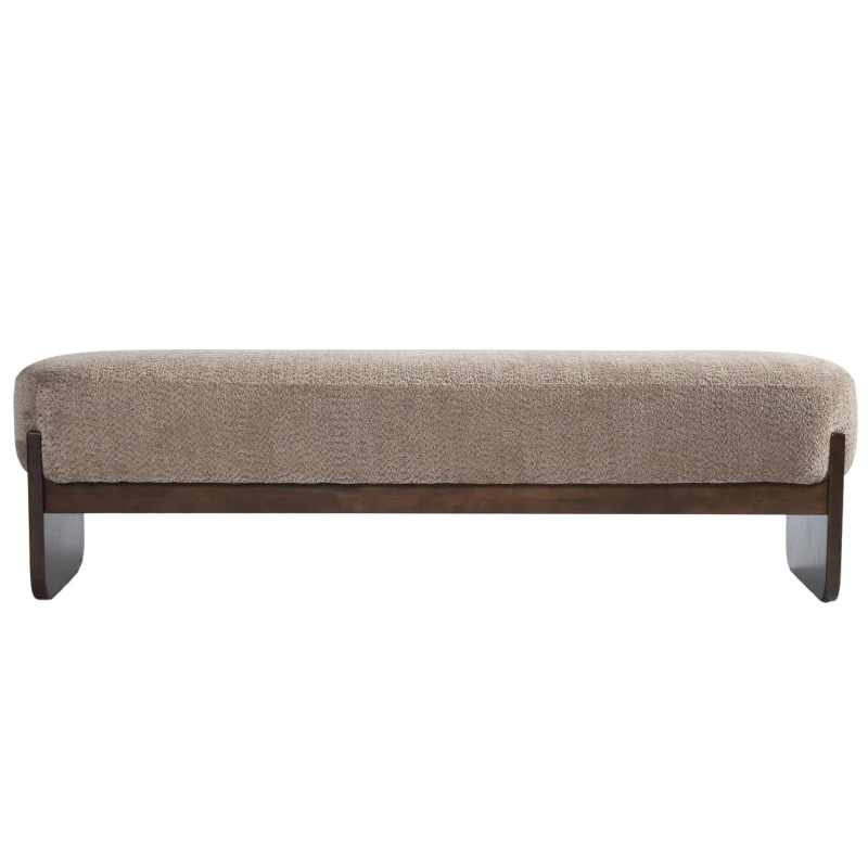 Elegant Bouclé Ottoman Bench with Dark Rubberwood Legs, Soft Rectangular Footrest for Living Room, 64'' L x 18.5'' W x 18.5'' H, Brown