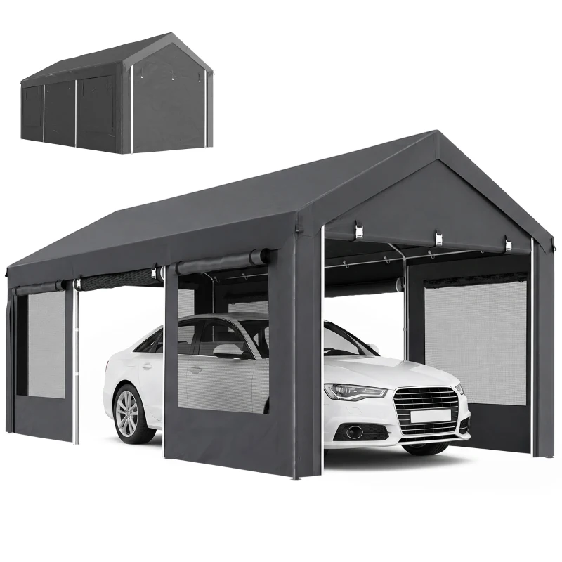 Outsunny 10' x 20' Carport, Heavy Duty Portable Garage, Height Adjustable, with 4 Mesh Windows and 4 Doors, Gray