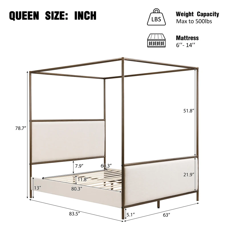 Modern 4-Poster Canopy Bed Frame with Upholstered Headboard, Steel Metal Sleeper Bed for Bedroom, 83.5'' L x 63'' W x 78.5'' H, Beige+Bronze