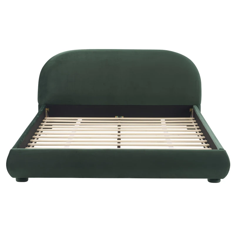 Luxury Upholstered Queen Bed Frame with Curved Headboard, Soft Velvet Sleeper Bed for Bedroom, 87'' L x 68.5'' W x 33.5'' H, Dark Green