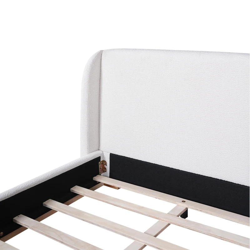 Modern Low-Profile King Bed Frame with Wingback Headboard, Soft Bouclé Sleeper Bed for Bedroom, 86'' L x 87'' W x 36.5'' H, White