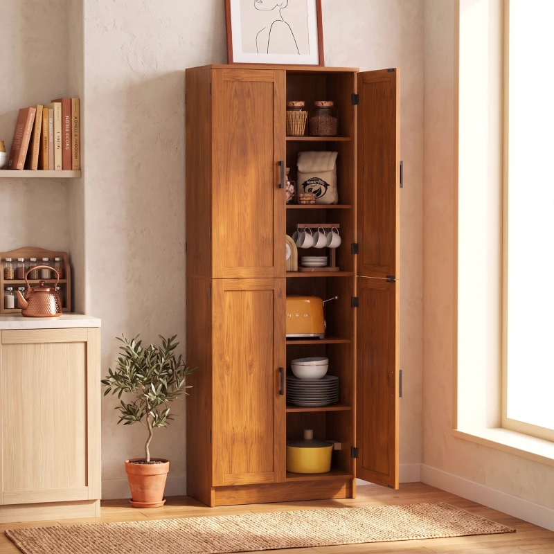 HOMCOM Freestanding Kitchen Pantry, 4-Door Kitchen Pantry Cabinet with Adjustable Shelves and Doors, Teak