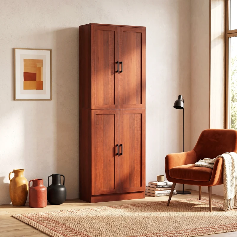 HOMCOM Freestanding Kitchen Pantry, 4-Door Kitchen Pantry Cabinet with Adjustable Shelves and Doors, Dark Brown