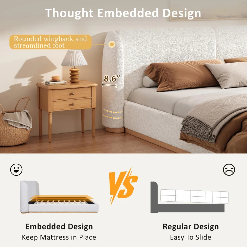 Modern Low-Profile King Bed Frame with Wingback Headboard, Soft Bouclé Sleeper Bed for Bedroom, 86'' L x 87'' W x 36.5'' H, White