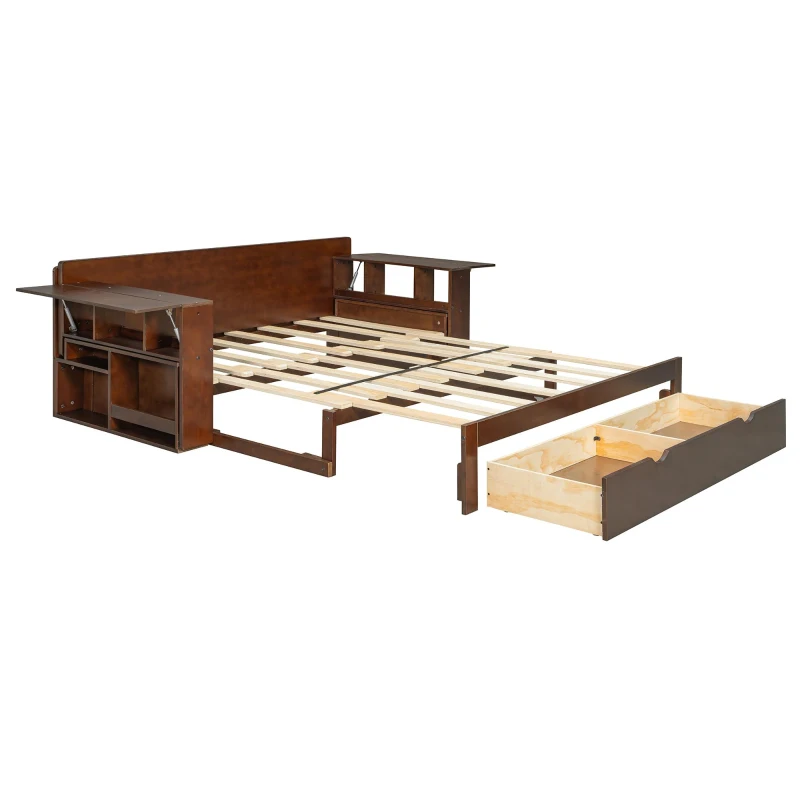 Modern Daybed with Removable Desk and Bottom Drawer, Multi-Functional Sofa Bed for Compact Apartments, 76.5" L x 65.5" W x 25.5" H, Espresso