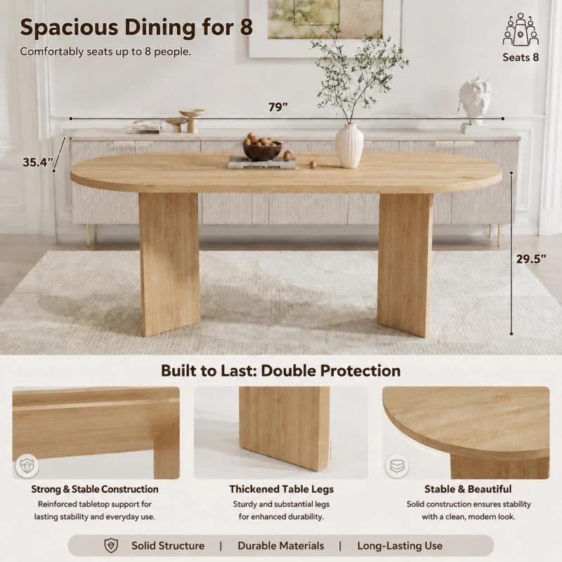 Modern Oak Oval Dining Table with Double Pedestal Base, Wood Grain Kitchen Table for Kitchen, 79'' L x 35.5'' W x 29.5'' H, Oak