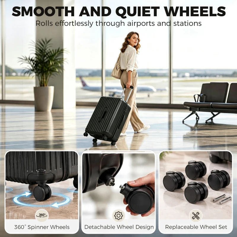 HOMCOM 28-Inch Checked Luggage, Hardside Suitcase with Cup Holder, Corner Protection, Double Spinner Wheels, TSA Lock, Black