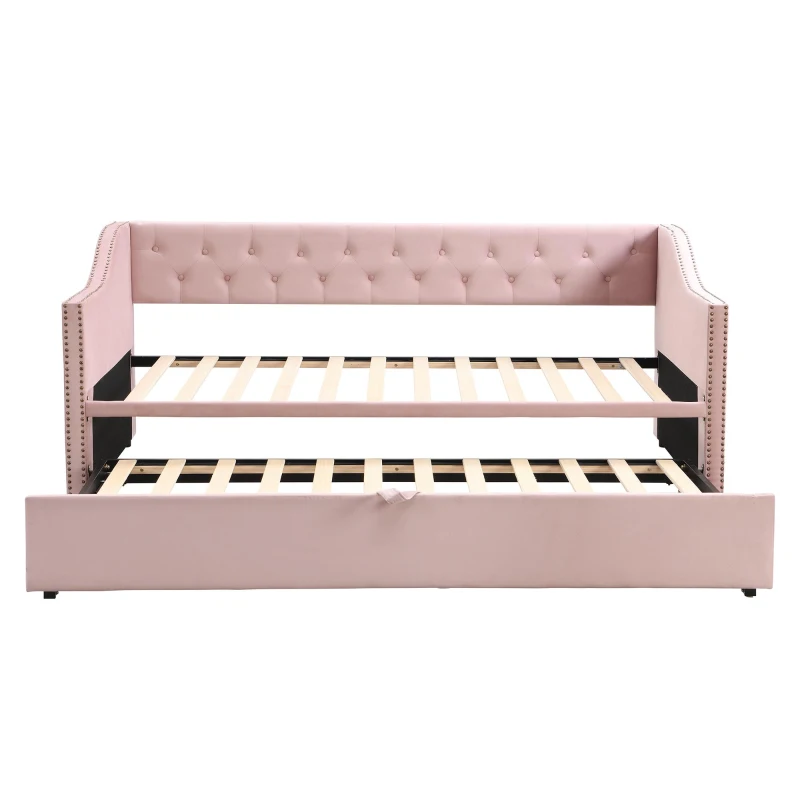 Practical Twin Upholstered Daybed with Pop-Up Trundle, Perfect Sofa Bed for Guest Rooms and Kids Rooms, 82" L x 81.5" W x 33" H, Pink