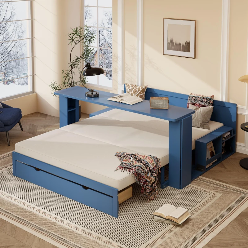 Modern Daybed with Removable Desk and Bottom Drawer, Multi-Functional Sofa Bed for Compact Apartments, 82" L x 71.5" W x 25.5" H, Blue