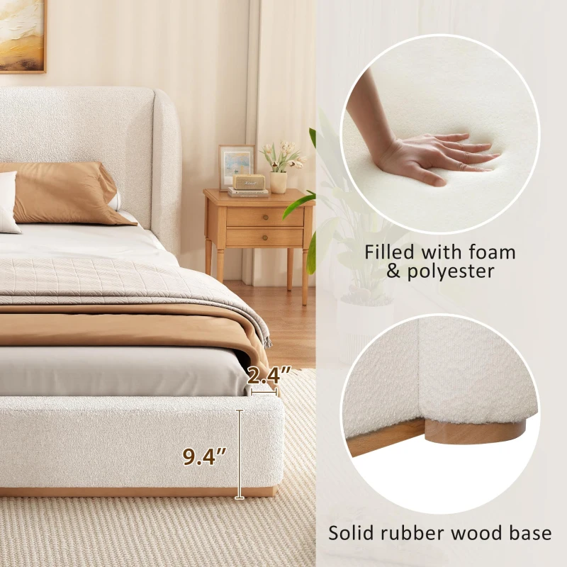 Modern Low-Profile King Bed Frame with Wingback Headboard, Soft Bouclé Sleeper Bed for Bedroom, 86'' L x 87'' W x 36.5'' H, White